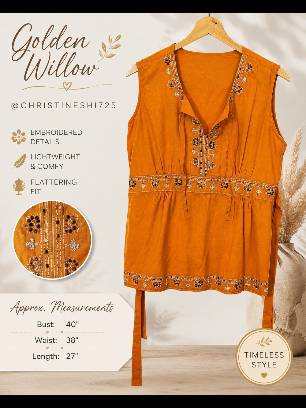 Cato Embroidered Sleeveless Tunic - Orange Size Med Womens